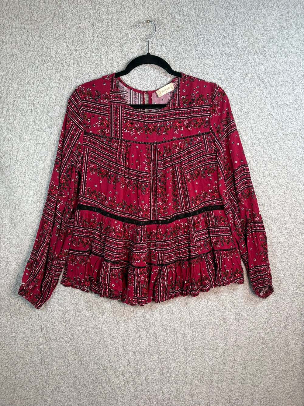 Altar'd State M Raspberry Floral Boho Peasant Blouse Tiered Ruffle Top